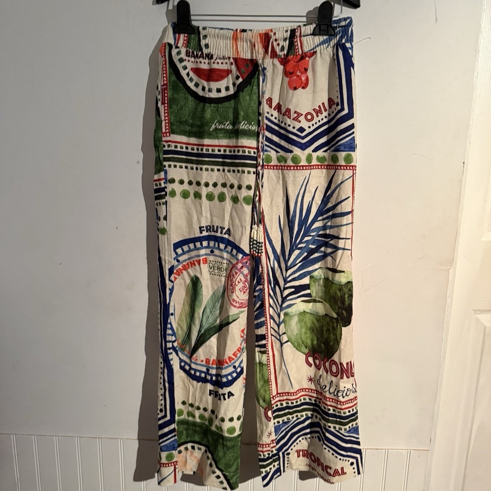 Rachel Zoe Tropical Multicolor Wide-Leg Linen Rayon Pants Beaded Accent XS